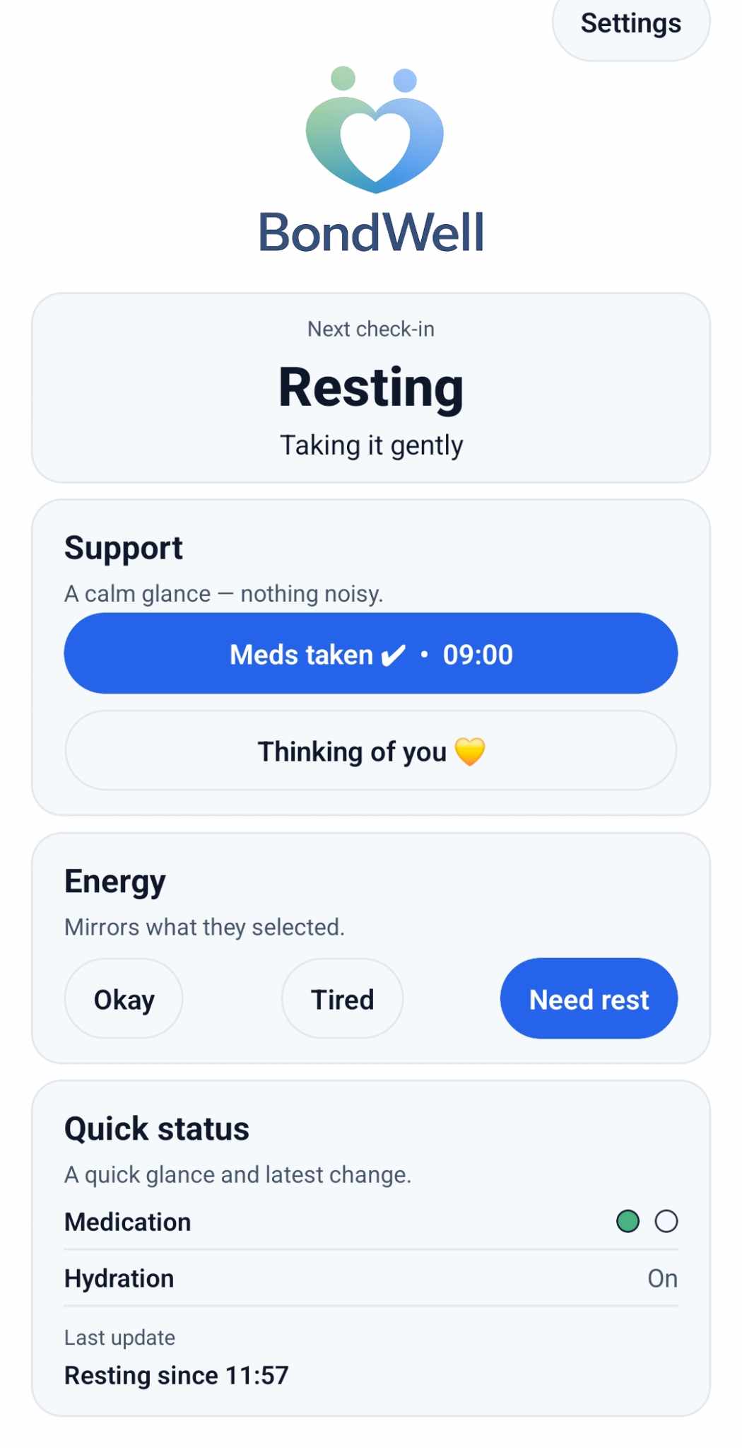 BondWell screen showing resting status and need rest energy option