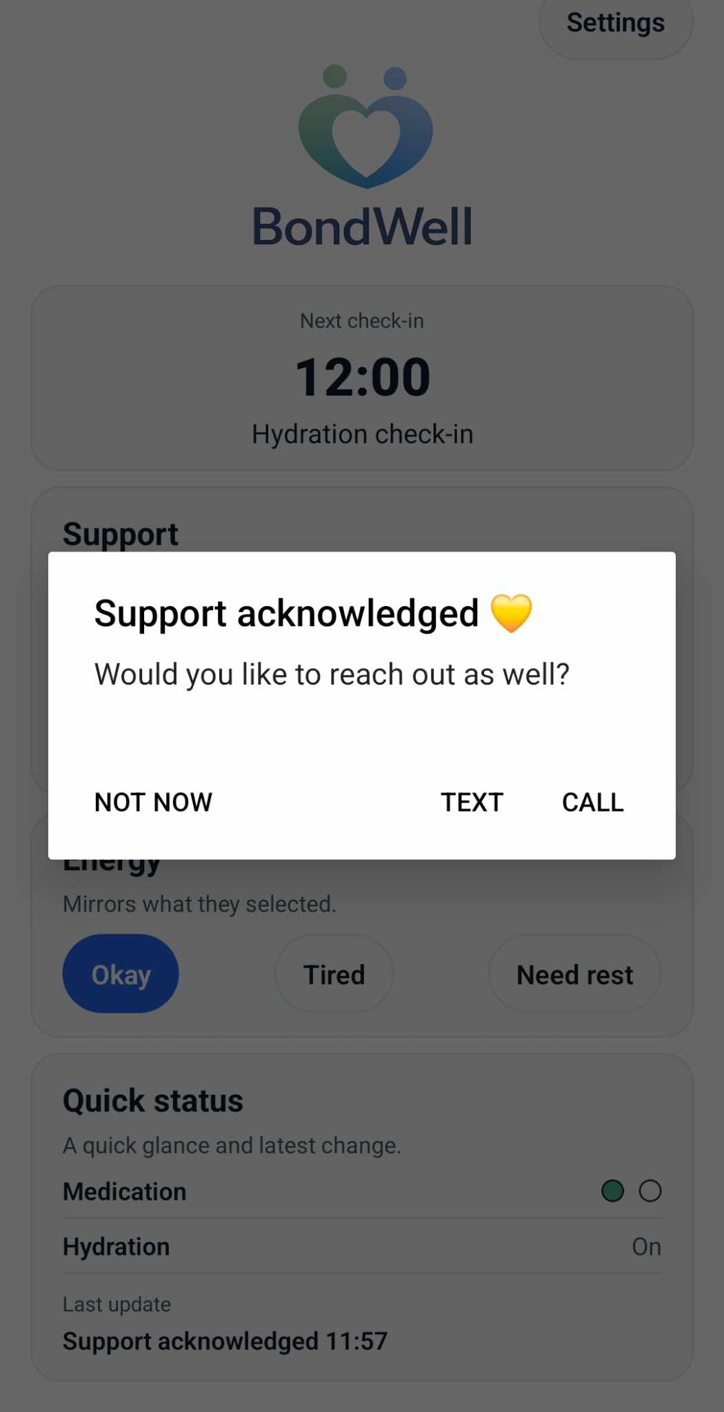 BondWell screen showing support acknowledged