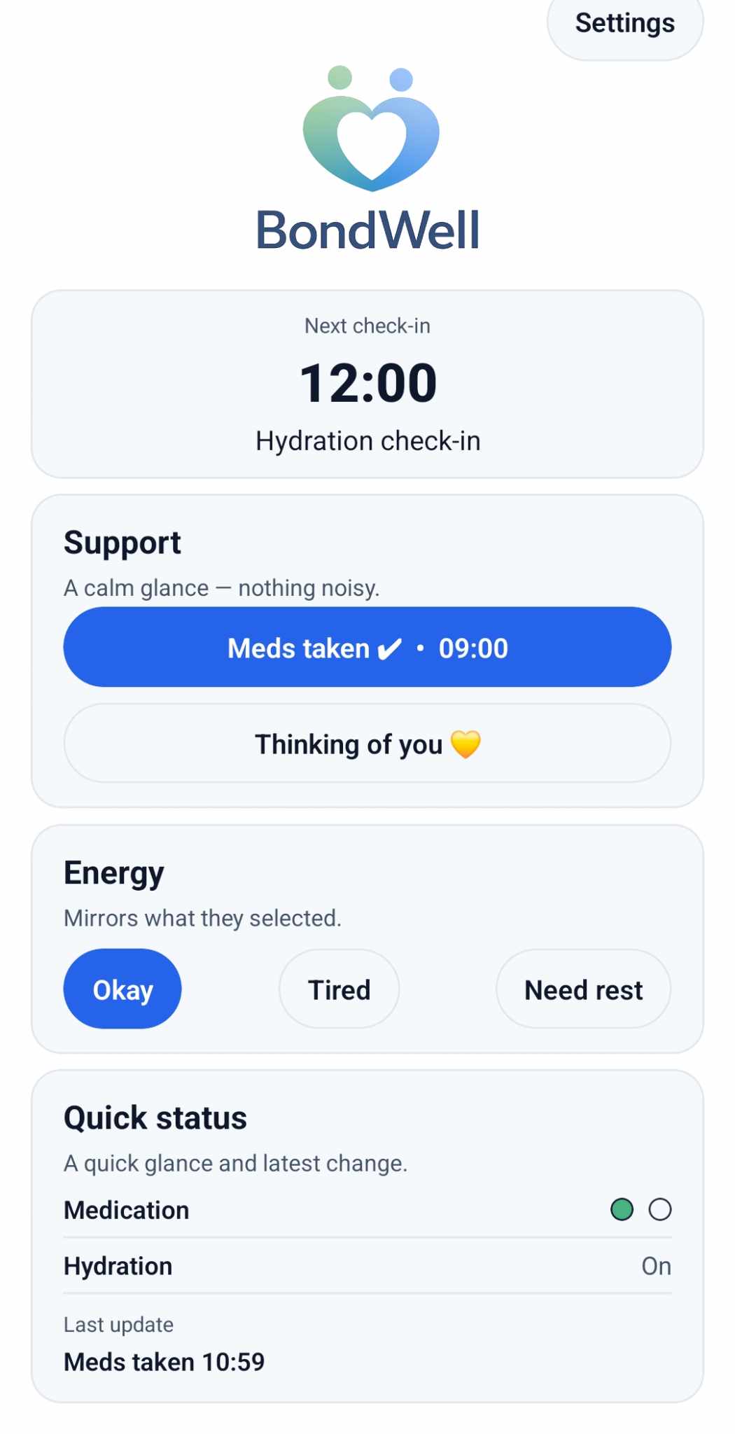 BondWell screen showing a calm supportive message