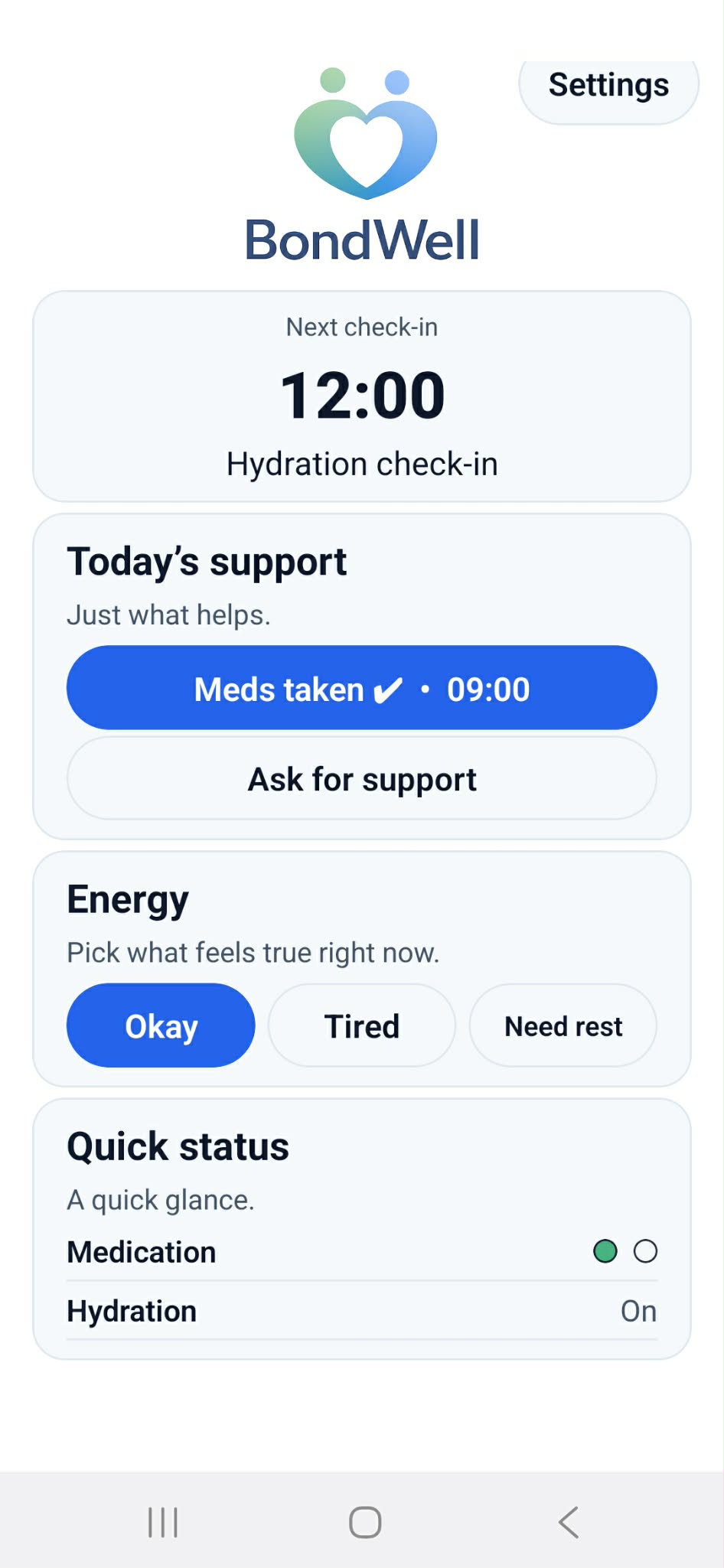 BondWell home screen with daily support, energy and quick status